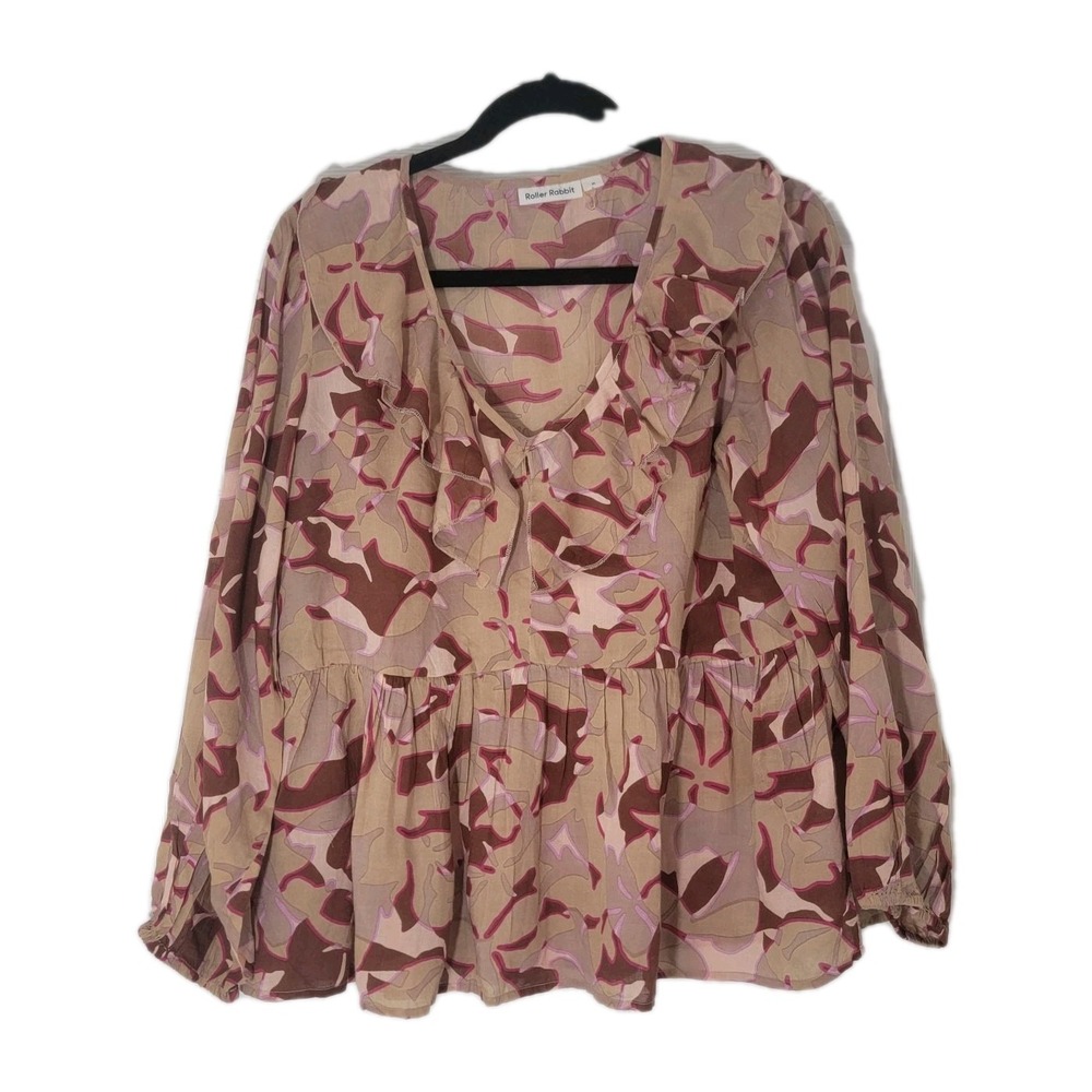 Roller Rabbit NWOT V-neck Ruffle Peplum Baloon Sleeve Top Size M Viscose